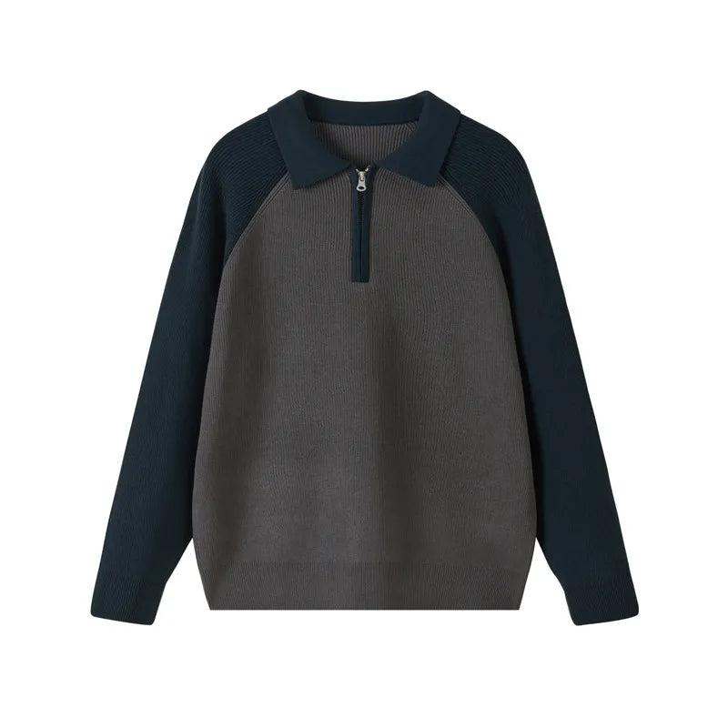 suéter masculino, suéter gola polo, suéter com zíper, suéter bicolor, suéter casual masculino, suéter elegante, moda masculina inverno, suéter de tricô masculino, suéter premium, malha masculina, suéter sofisticado, suéter confortável, suéter masculino moderno, suéter com estilo, tricô masculino
