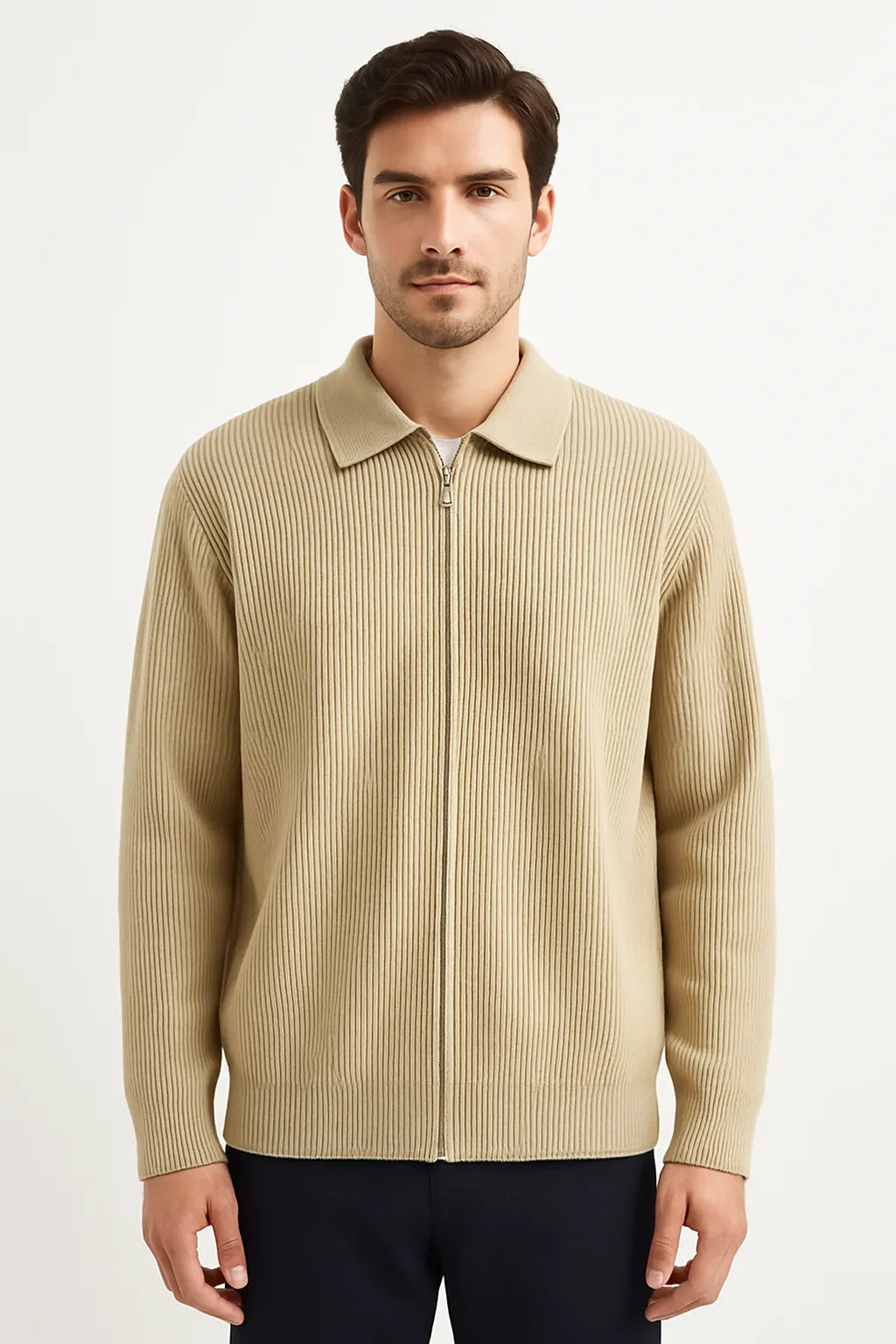 Suéter Masculino com Zíper e Gola Polo em Tricô